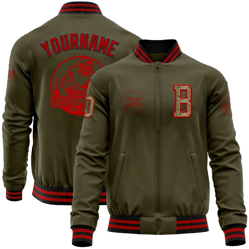 Fishing rod easy transport-Custom Olive Camo Red-Black Bomber Varsity Letterman Salute To Service Zipper Jacket