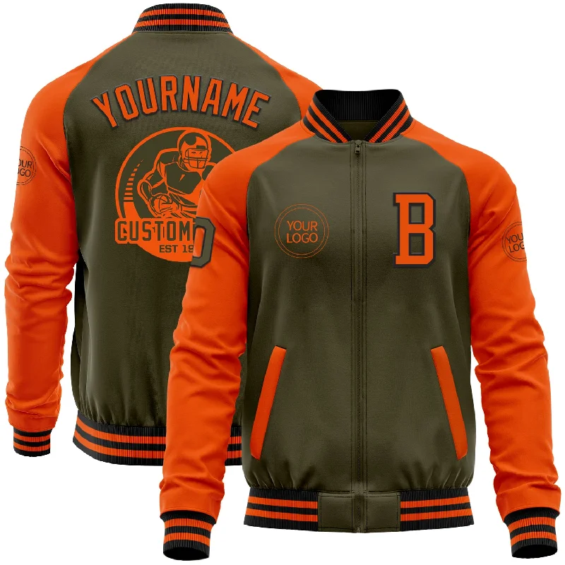 Fishing hook bait holder-Custom Olive Black-Orange Bomber Varsity Letterman Two Tone Salute To Service Zipper Jacket