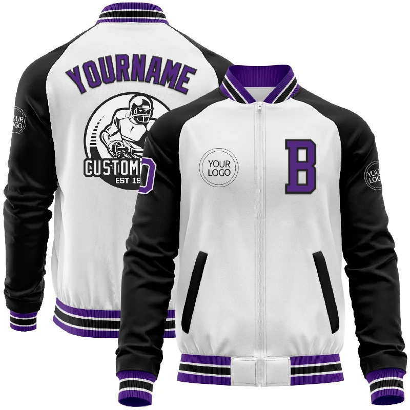 Fishing tackle case-Custom White Purple-Black Bomber Varsity Letterman Two Tone Zipper Jacket