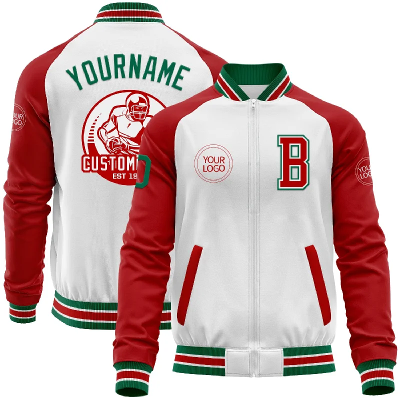 Fishing reel stand-Custom White Kelly Green-Red Bomber Varsity Letterman Two Tone Zipper Jacket