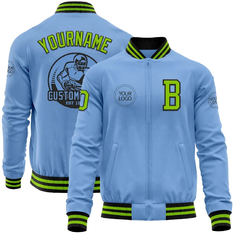 Fishing reel bag-Custom Light Blue Neon Green-Black Bomber Varsity Letterman Zipper Jacket