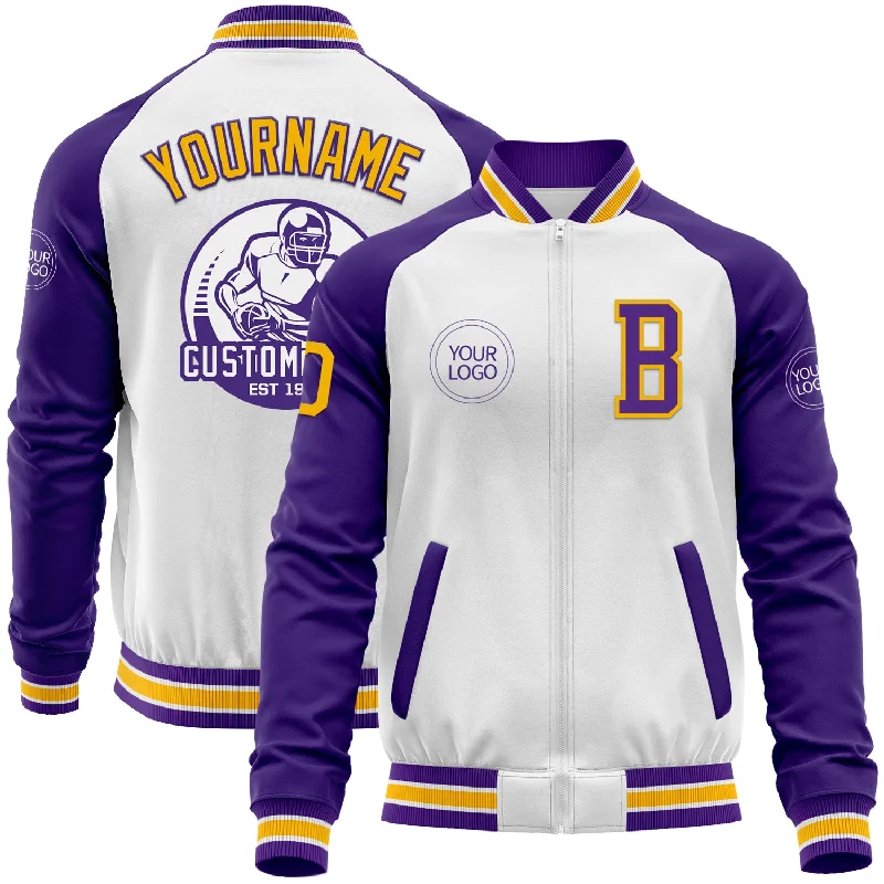 Fishing reel easy spool-Custom White Gold-Purple Bomber Varsity Letterman Two Tone Zipper Jacket