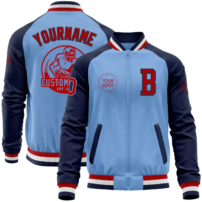 Fishing line anti-twist-Custom Light Blue Red-Navy Bomber Varsity Letterman Two Tone Zipper Jacket