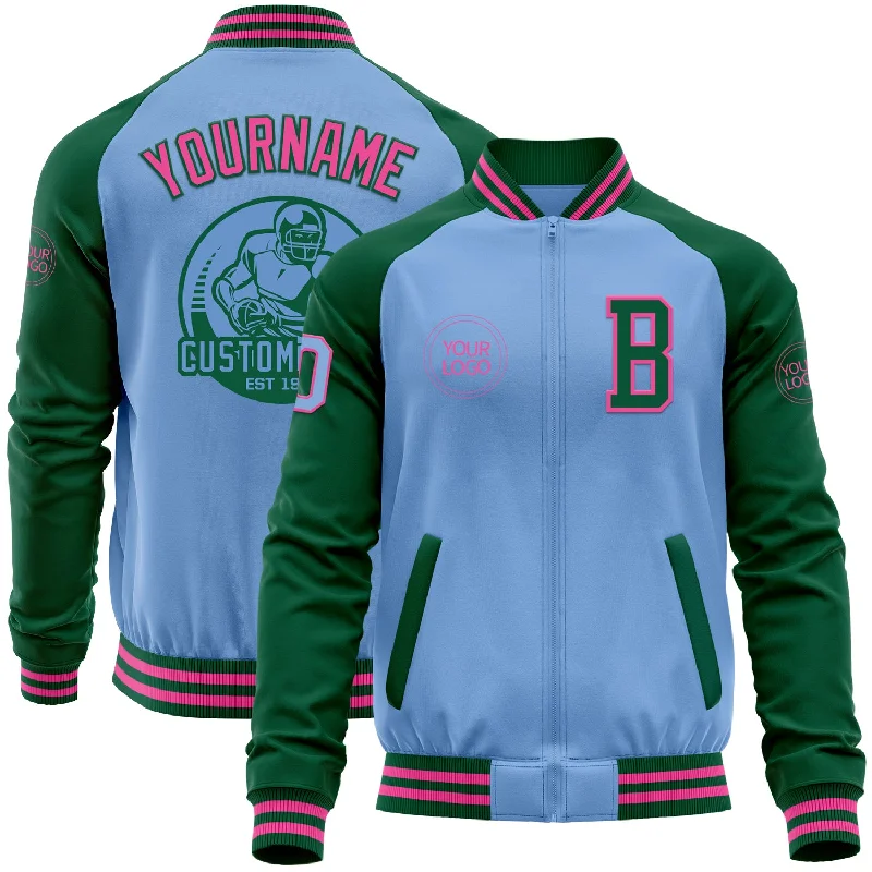 Fishing reel quiet-Custom Light Blue Pink-Kelly Green Bomber Varsity Letterman Two Tone Zipper Jacket