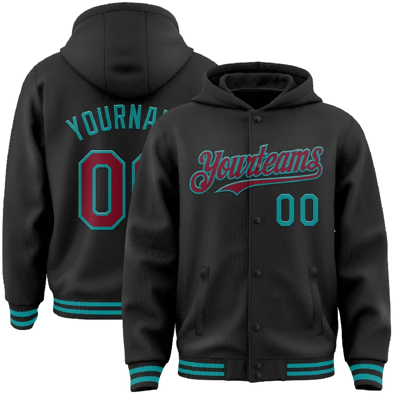 Fishing gloves waterproof-Custom Black Crimson-Teal Bomber Full-Snap Varsity Letterman Hoodie Jacket