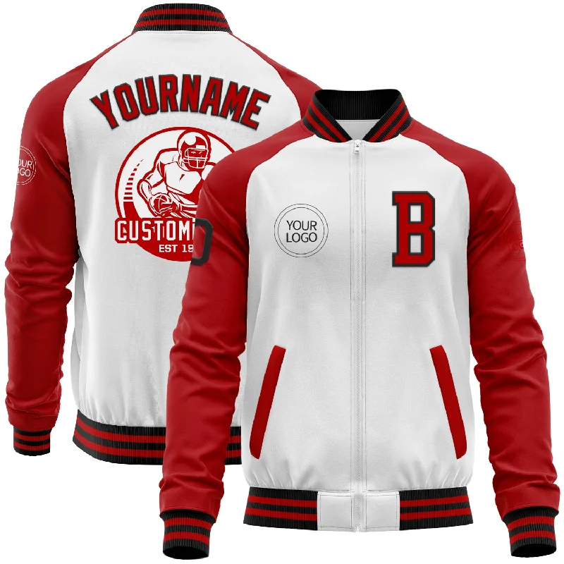 Fishing line guide-Custom White Black-Red Bomber Varsity Letterman Two Tone Zipper Jacket