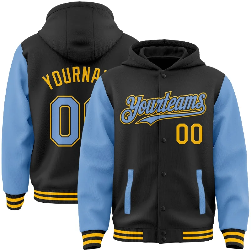 Fishing tackle reinforced-Custom Black Light Blue-Gold Bomber Full-Snap Varsity Letterman Two Tone Hoodie Jacket