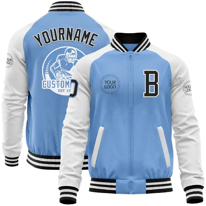 Fishing rod quick release-Custom Light Blue Black-White Bomber Varsity Letterman Two Tone Zipper Jacket