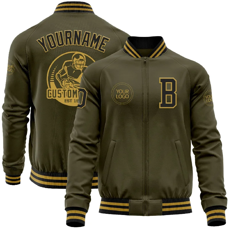 Fishing line clear-Custom Olive Black-Old Gold Bomber Varsity Letterman Salute To Service Zipper Jacket