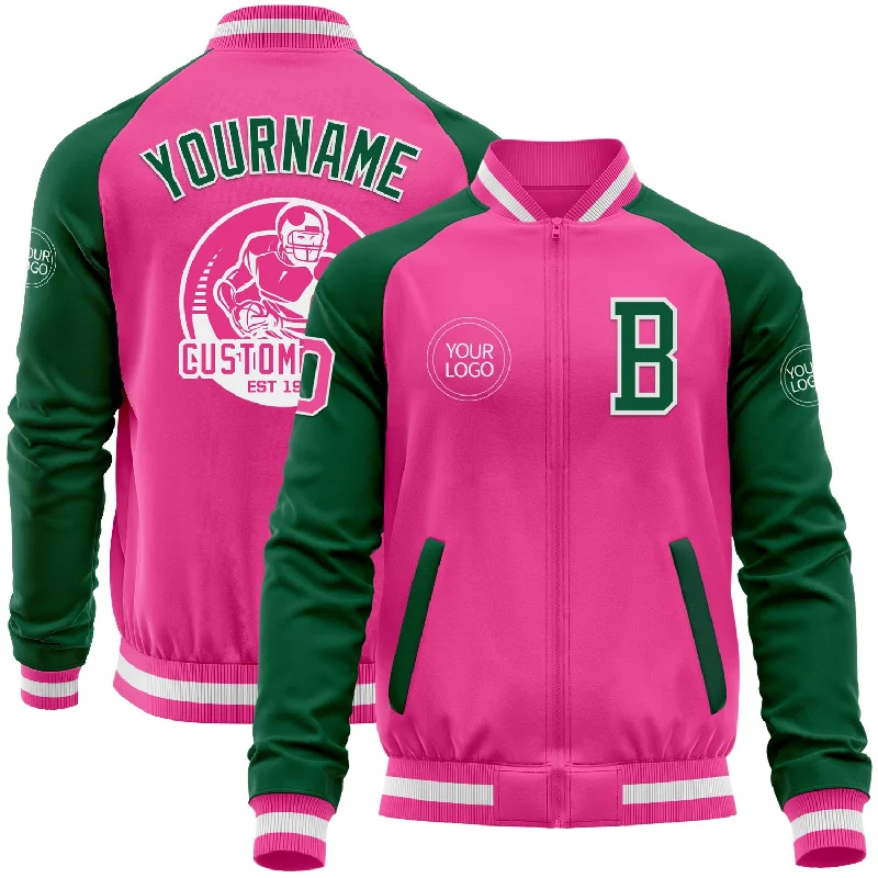 Fishing reel grease-Custom Pink White-Kelly Green Bomber Varsity Letterman Two Tone Zipper Jacket