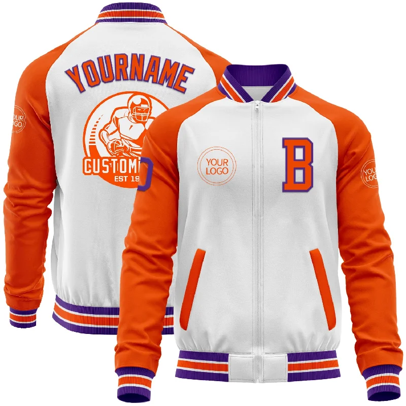 Fishing hook remover-Custom White Purple-Orange Bomber Varsity Letterman Two Tone Zipper Jacket