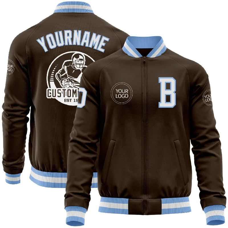 Fishing tackle multi-compartment-Custom Brown White-Light Blue Bomber Varsity Letterman Zipper Jacket