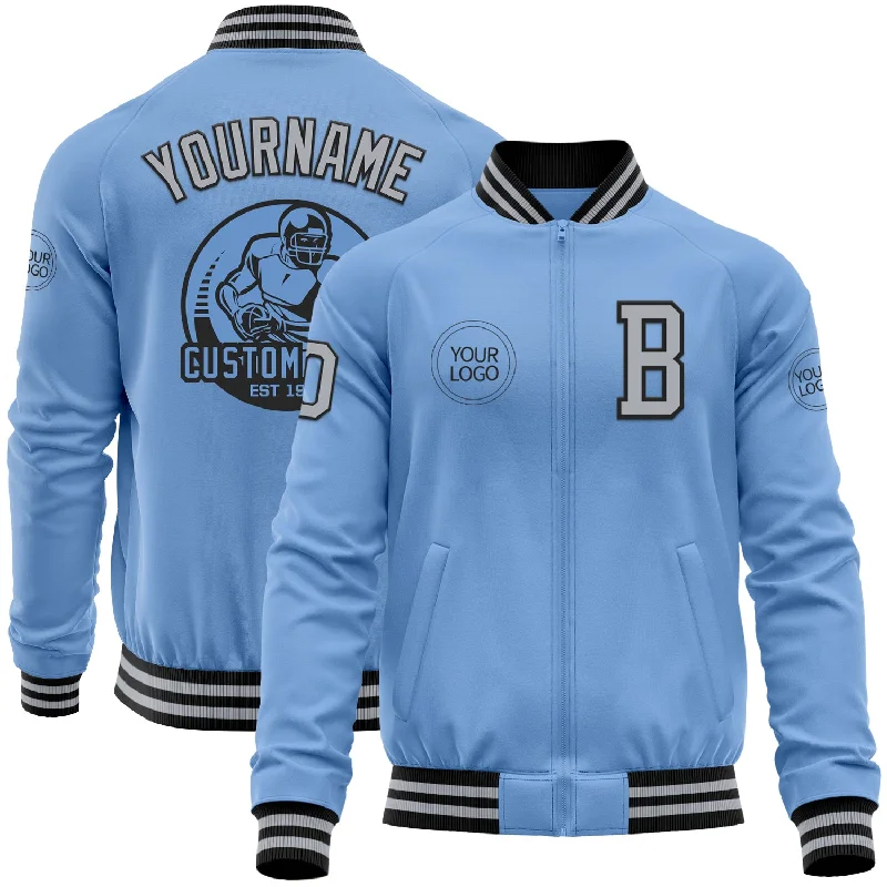 Fishing rod balancer-Custom Light Blue Gray-Black Bomber Varsity Letterman Zipper Jacket