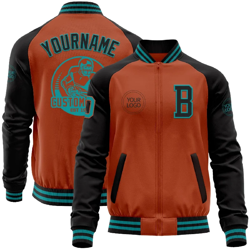 Fishing rod weight capacity-Custom Texas Orange Teal-Black Bomber Varsity Letterman Two Tone Zipper Jacket