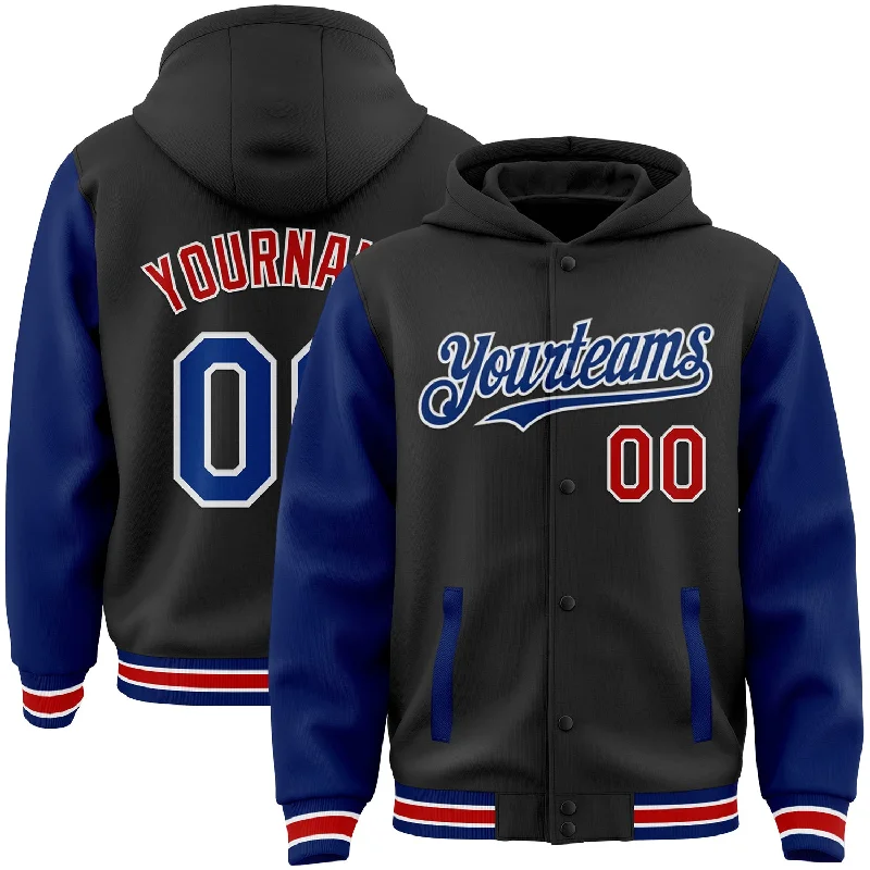 Fishing rod durable-Custom Black Royal-Red Bomber Full-Snap Varsity Letterman Two Tone Hoodie Jacket