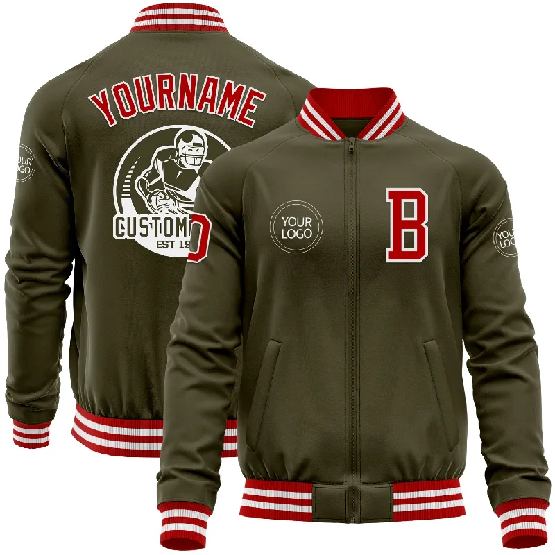 Fishing tackle multi-use-Custom Olive Red-White Bomber Varsity Letterman Salute To Service Zipper Jacket