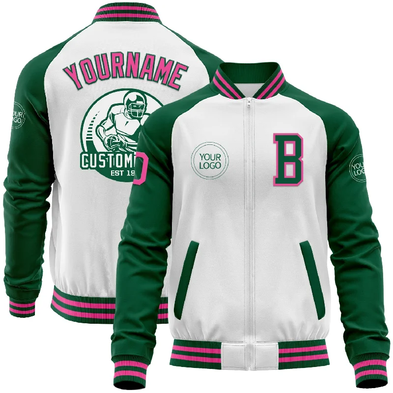 Fishing sunglasses polarized-Custom White Pink-Kelly Green Bomber Varsity Letterman Two Tone Zipper Jacket