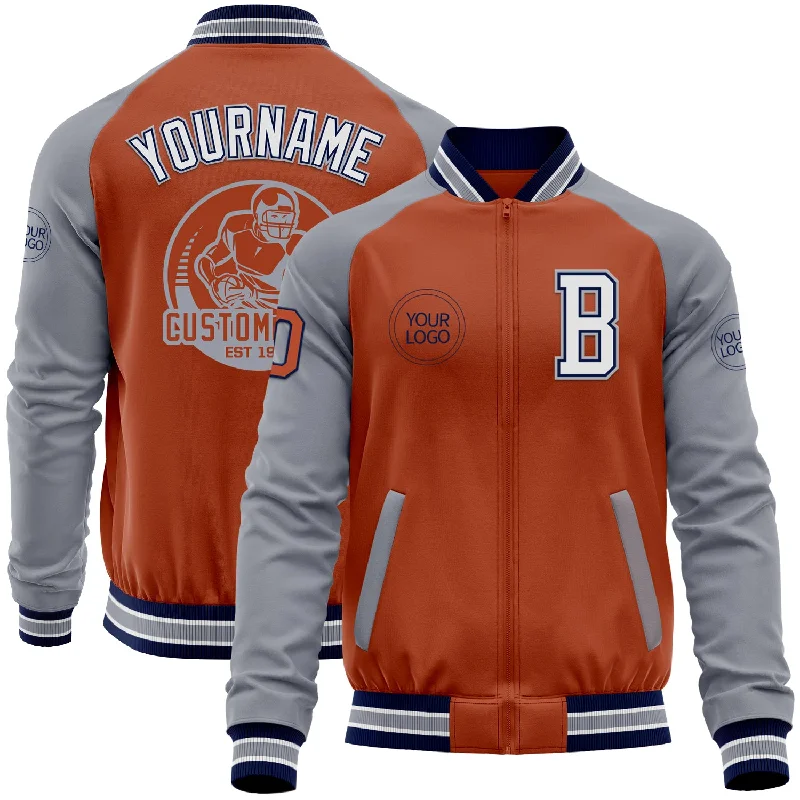 Fishing rod power rating-Custom Texas Orange Navy-Gray Bomber Varsity Letterman Two Tone Zipper Jacket