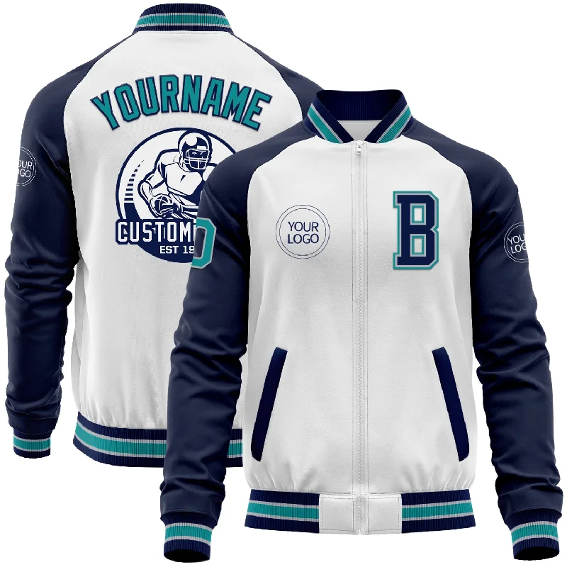 Fishing lure collection-Custom White Teal Gray-Navy Bomber Varsity Letterman Two Tone Zipper Jacket