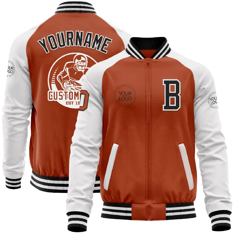 Fishing hook rustproof-Custom Texas Orange Black-White Bomber Varsity Letterman Two Tone Zipper Jacket