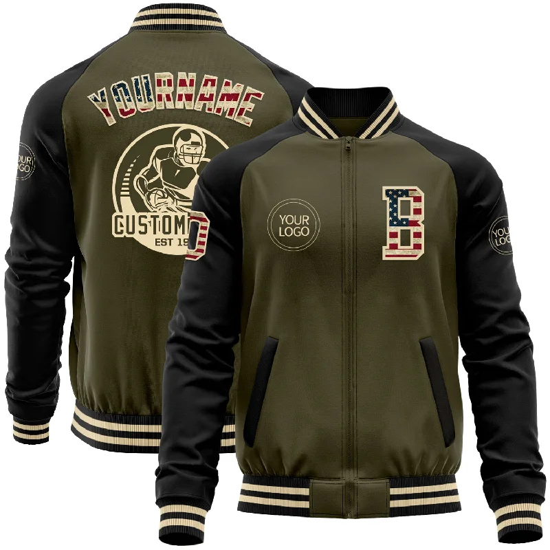 Fishing hook easy tie-Custom Olive Vintage USA Flag Black-Cream Bomber Varsity Letterman Two Tone Salute To Service Zipper Jacket