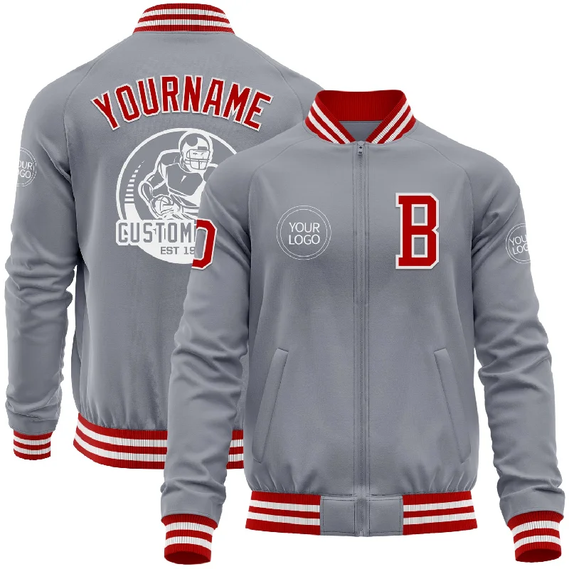 Fishing reel balanced-Custom Gray Red-White Bomber Varsity Letterman Zipper Jacket