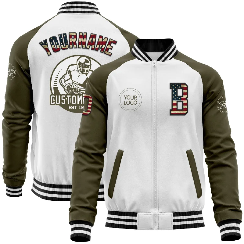 Fishing lure paint-Custom White Vintage USA Flag Black-Olive Bomber Varsity Letterman Two Tone Zipper Jacket