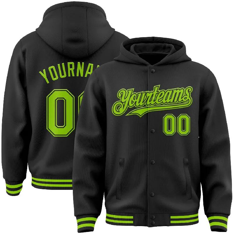 Fishing tackle soft case-Custom Black Neon Green Bomber Full-Snap Varsity Letterman Hoodie Jacket