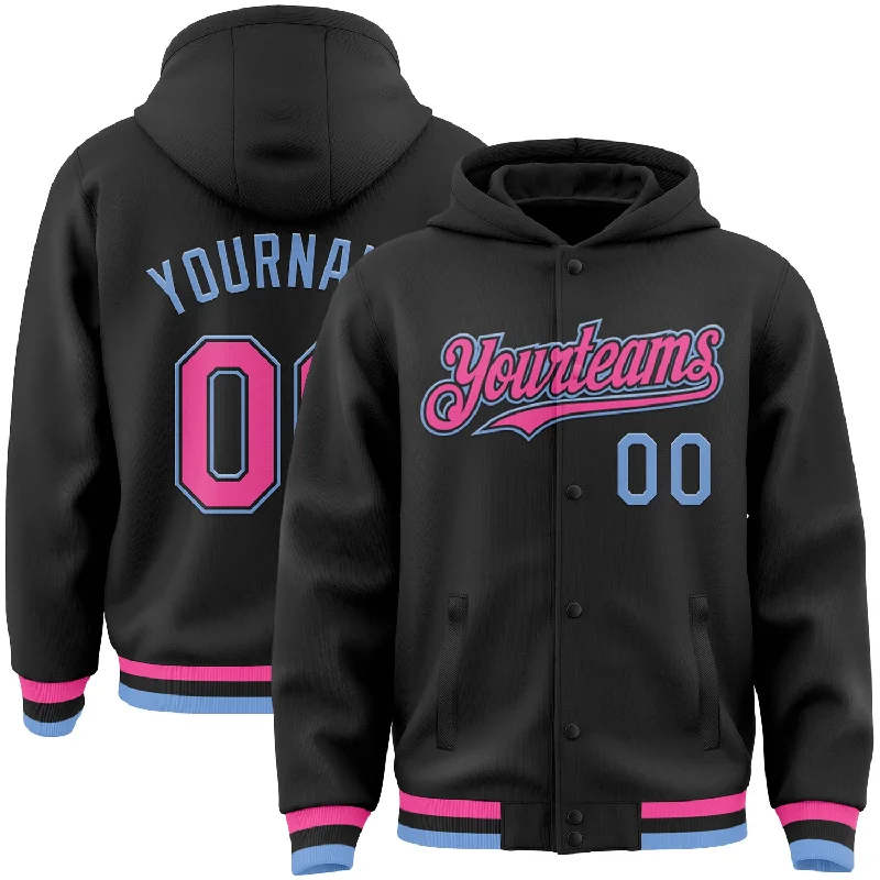 Fishing hook snagless-Custom Black Pink-Light Blue Bomber Full-Snap Varsity Letterman Hoodie Jacket