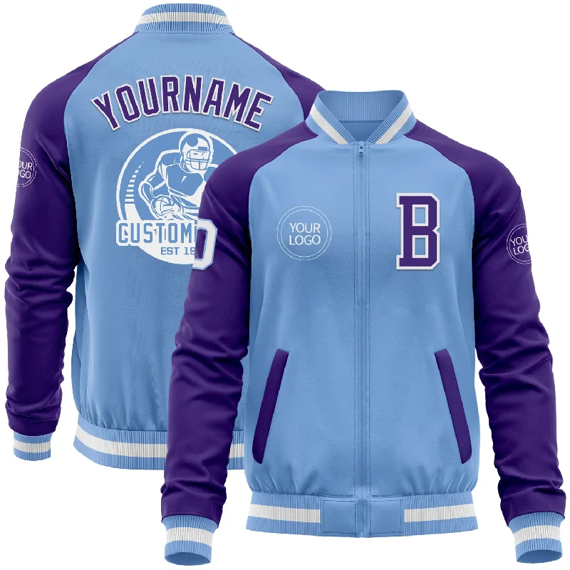 Fishing rod compact travel-Custom Light Blue White-Purple Bomber Varsity Letterman Two Tone Zipper Jacket