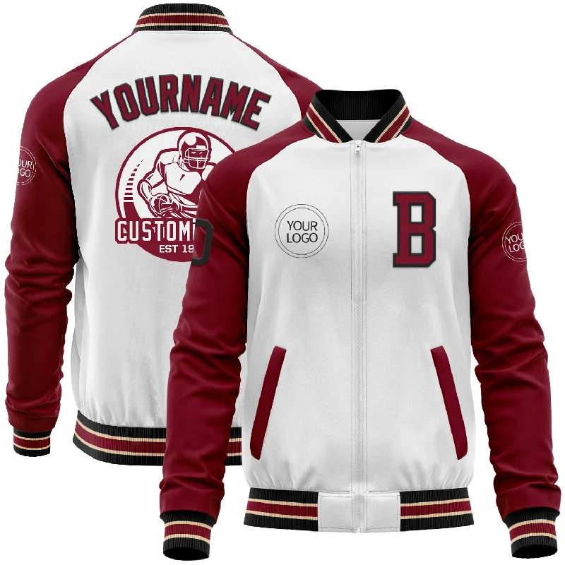 Spinning rod combo-Custom White Black Crimson-City Cream Bomber Varsity Letterman Two Tone Zipper Jacket