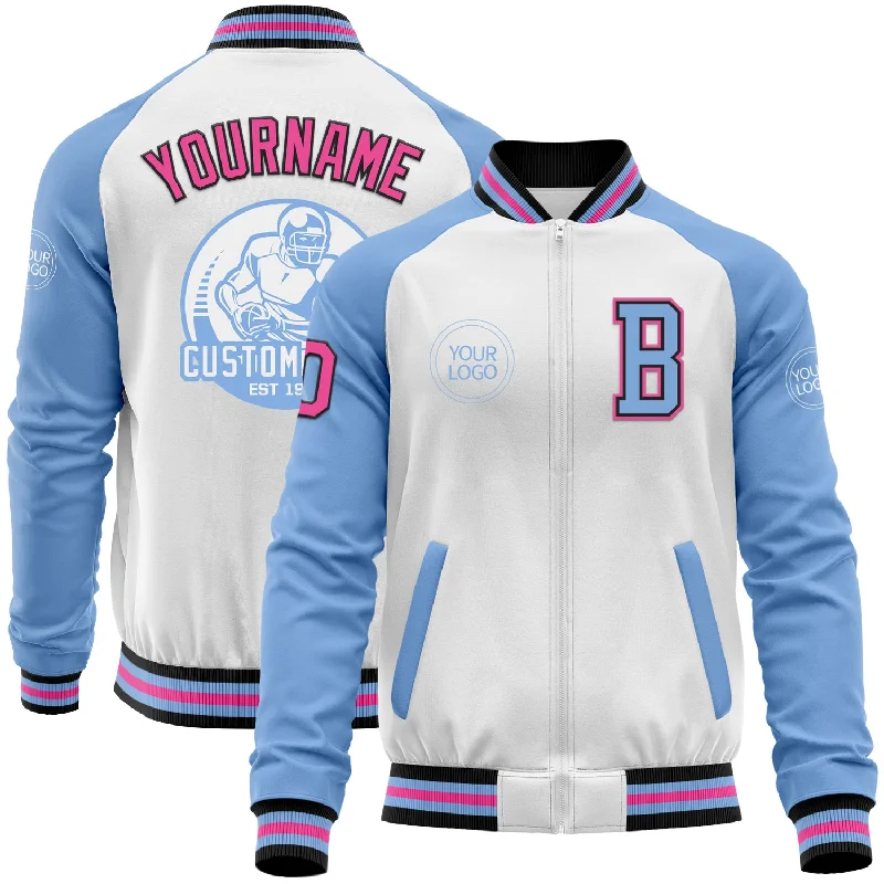 Fishing tackle binder-Custom White Pink Black-Light Blue Bomber Varsity Letterman Two Tone Zipper Jacket