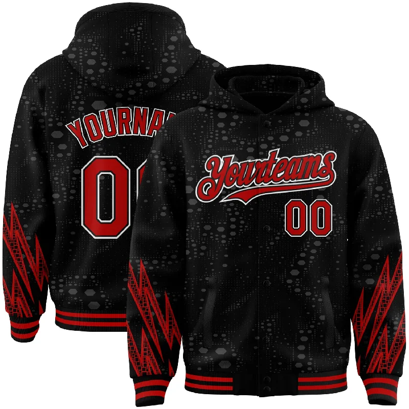 Fishing hook display-Custom Black Red-White Geometric Shape 3D Pattern Design Bomber Full-Snap Varsity Letterman Hoodie Jacket