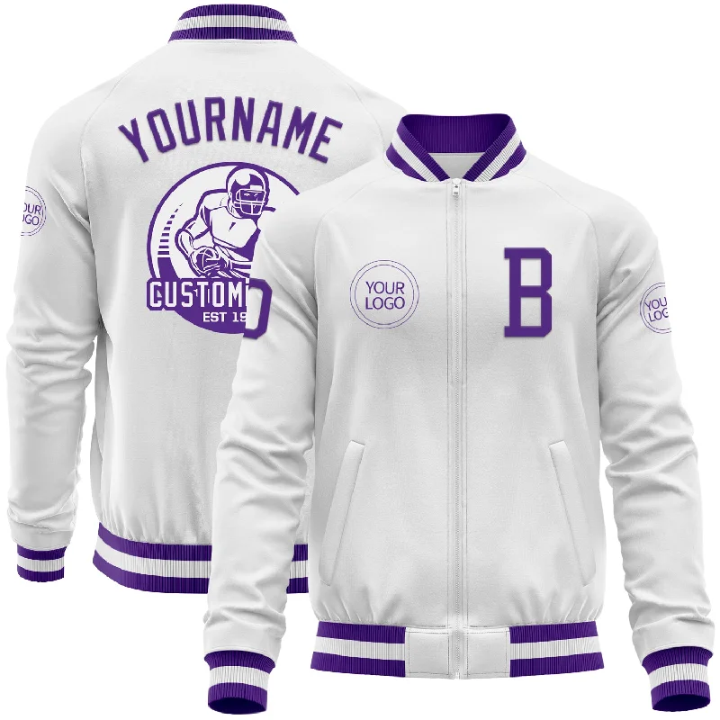 Fishing line color options-Custom White Purple Bomber Varsity Letterman Zipper Jacket