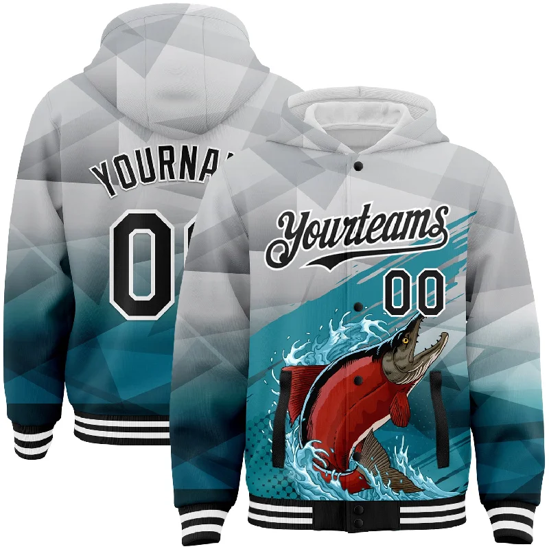 Fishing rod clip-Custom Gray Black-Aqua Salmon Fish Fishing 3D Bomber Full-Snap Varsity Letterman Hoodie Jacket