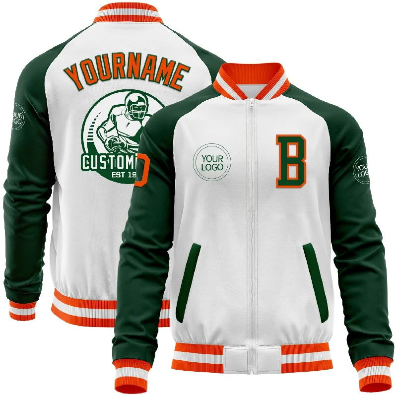 Fishing bait mold-Custom White Orange-Green Bomber Varsity Letterman Two Tone Zipper Jacket