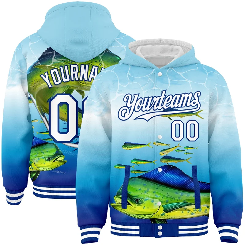 Fishing line clip-Custom Lakes Blue White-Royal Mahimah Fish Fishing 3D Bomber Full-Snap Varsity Letterman Hoodie Jacket