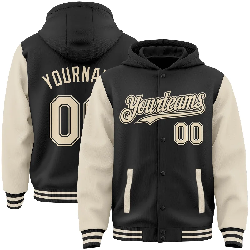 Fishing line stripper-Custom Black Cream Bomber Full-Snap Varsity Letterman Two Tone Hoodie Jacket