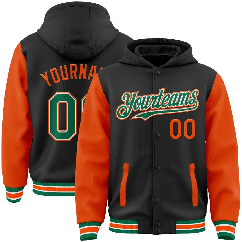 Fishing reel long lasting-Custom Black Kelly Green-Orange Bomber Full-Snap Varsity Letterman Two Tone Hoodie Jacket