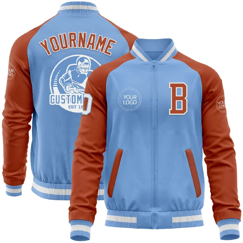 Fishing hook strong shank-Custom Light Blue White-Texas Orange Bomber Varsity Letterman Two Tone Zipper Jacket