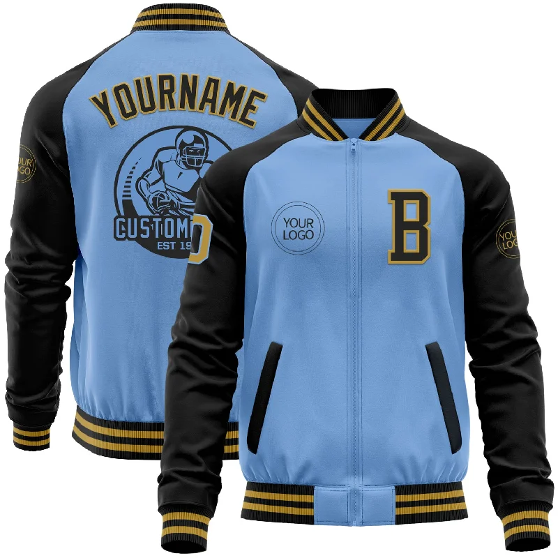 Fishing line quick cast-Custom Light Blue Old Gold-Black Bomber Varsity Letterman Two Tone Zipper Jacket