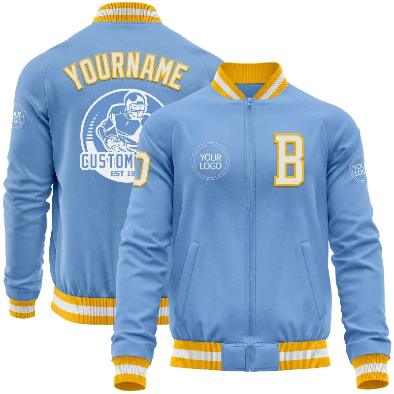 Fishing line strength-Custom Light Blue White-Gold Bomber Varsity Letterman Zipper Jacket