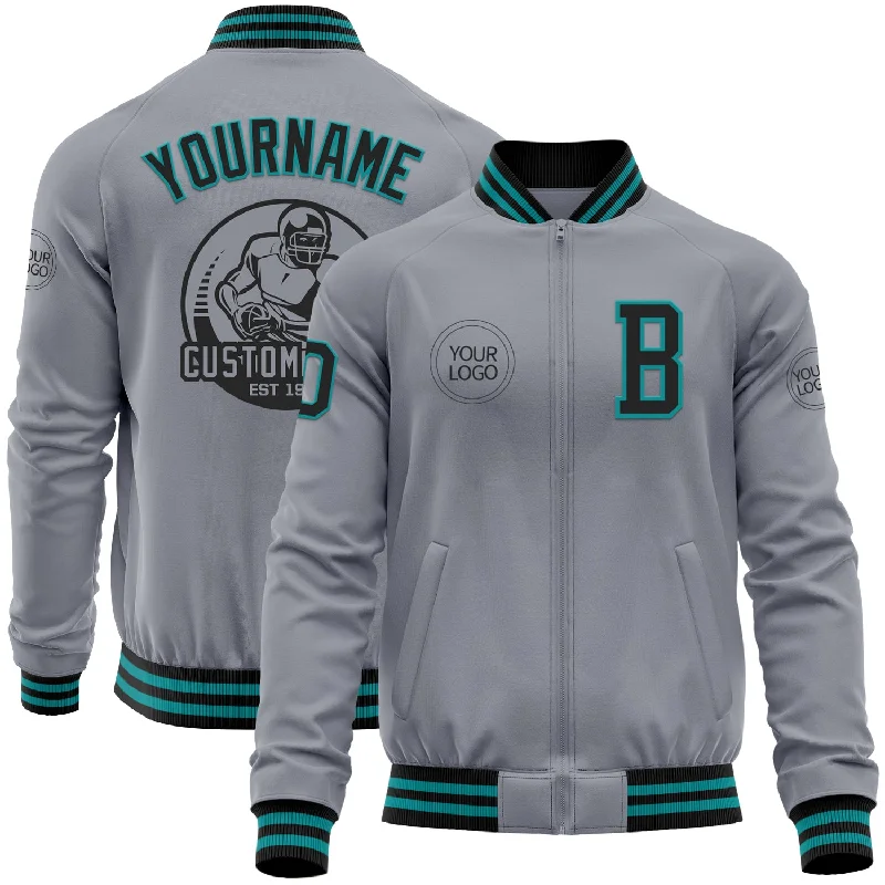 Fishing reel portable-Custom Gray Black-Teal Bomber Varsity Letterman Zipper Jacket