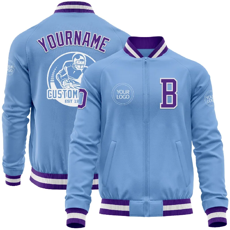 Fishing rod easy grip-Custom Light Blue Purple-White Bomber Varsity Letterman Zipper Jacket