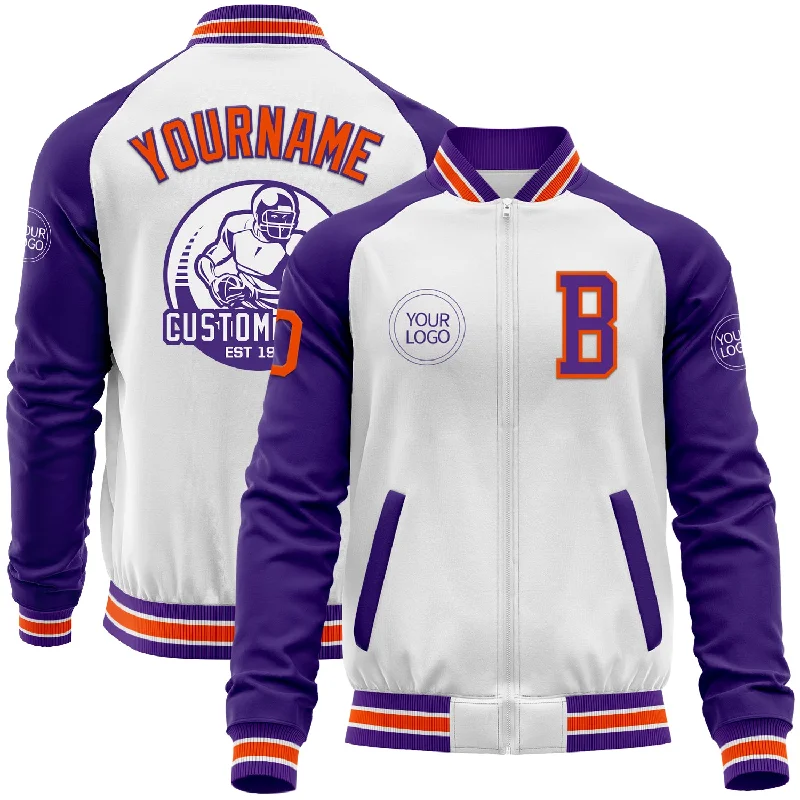 Fishing tackle multi-purpose-Custom White Orange-Purple Bomber Varsity Letterman Two Tone Zipper Jacket