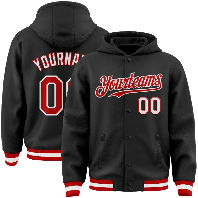 Fishing hook circle-Custom Black Red-White Bomber Full-Snap Varsity Letterman Hoodie Jacket