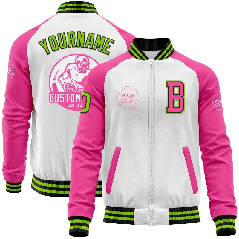 Fishing reel spare spool-Custom White Neon Green Black-Pink Bomber Varsity Letterman Two Tone Zipper Jacket