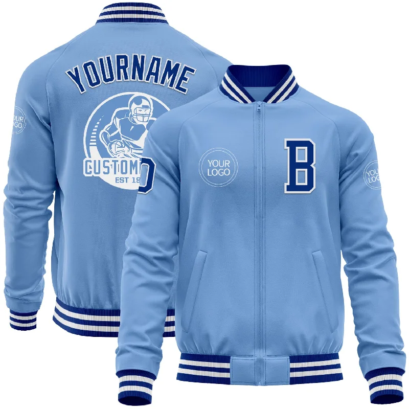 Fishing reel handle-Custom Light Blue Royal-White Bomber Varsity Letterman Zipper Jacket