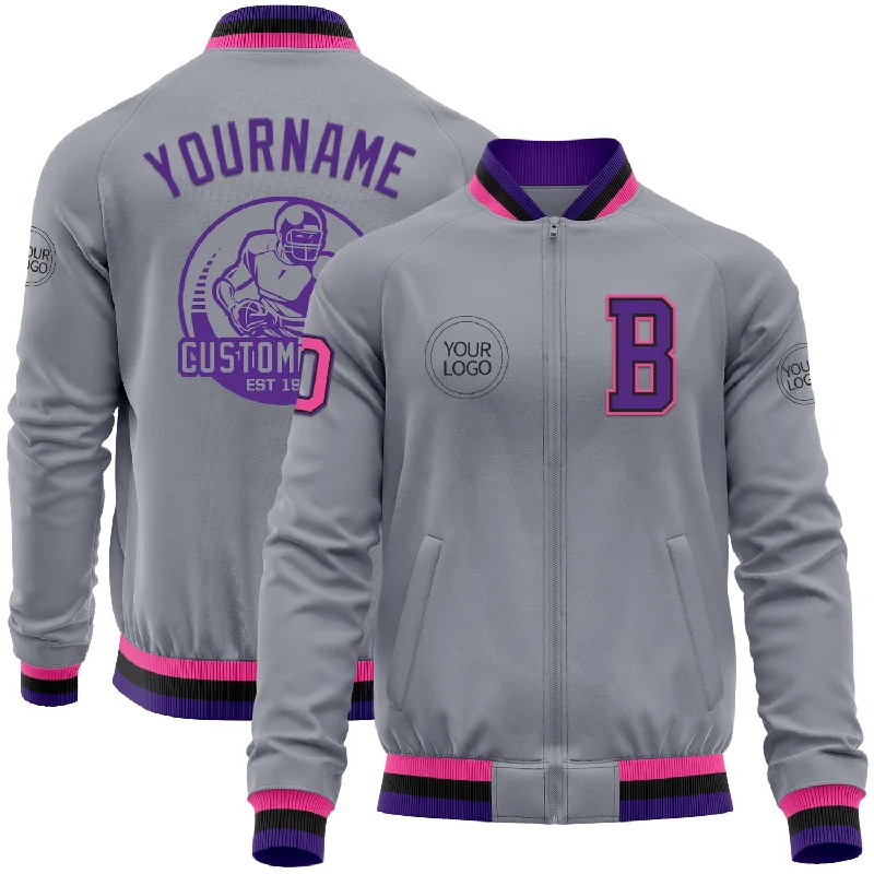 Fishing reel powerful-Custom Gray Pink Black-Purple Bomber Varsity Letterman Zipper Jacket