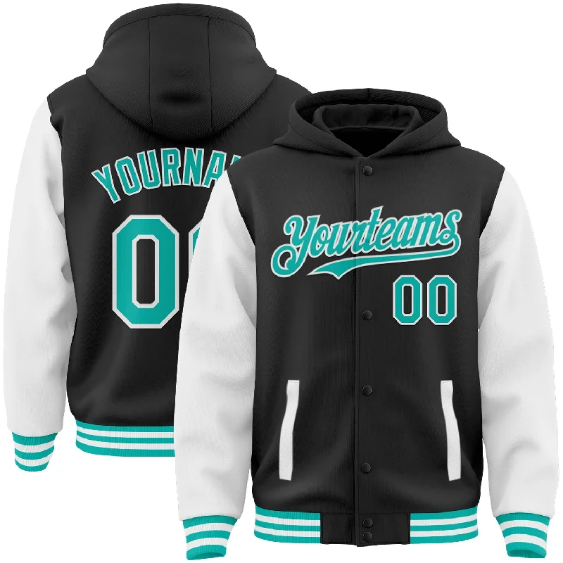 Fishing hook file-Custom Black Aqua-White Bomber Full-Snap Varsity Letterman Two Tone Hoodie Jacket